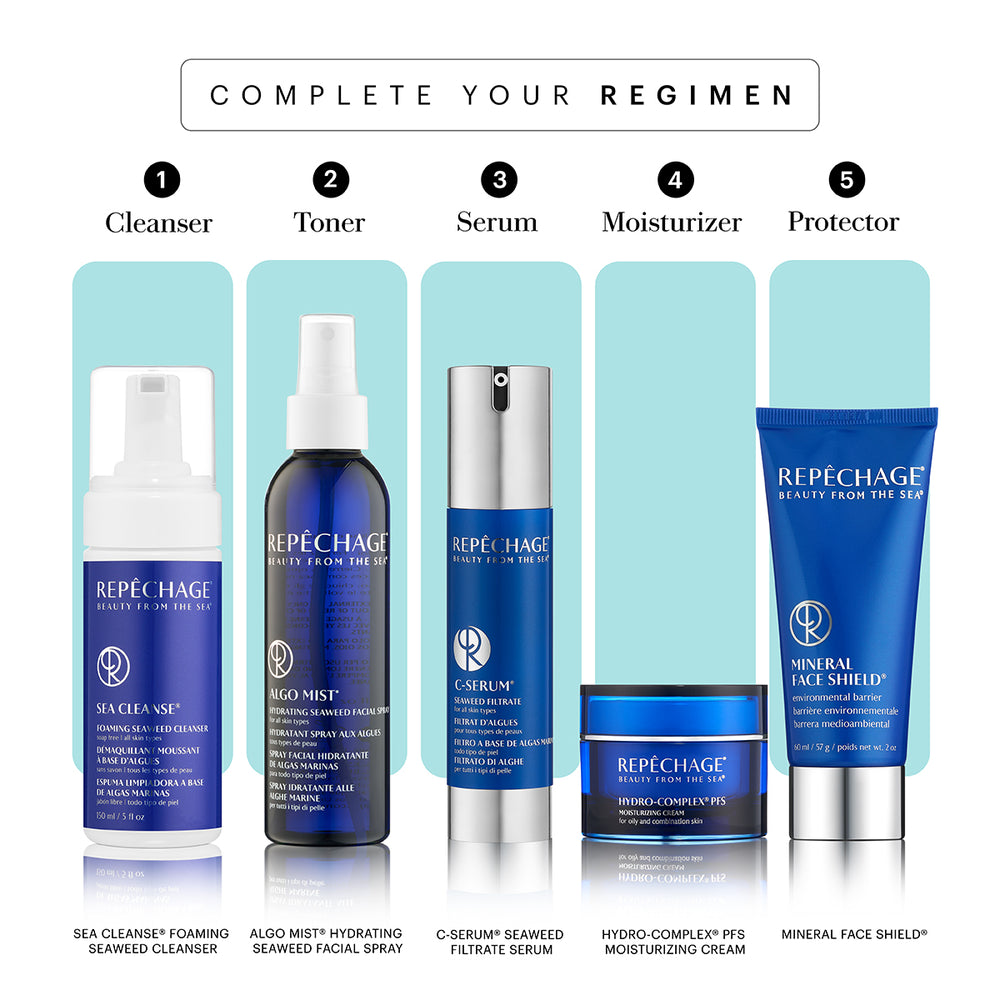 Hydra Blue Full Regimen- Cleanser, Algo Mist, Serum, Moisturizer and Mineral Face Shield