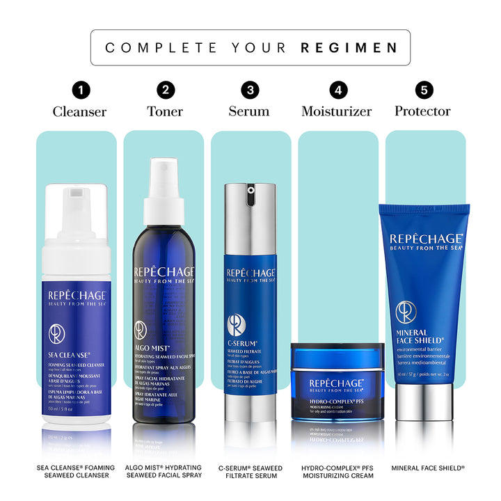 Full Regimen including Repechage Sea Cleanse cleanser, Algo Mist, C-Serum, Hydro Complex Moisturizing Cream and Mineral Face Shield. 